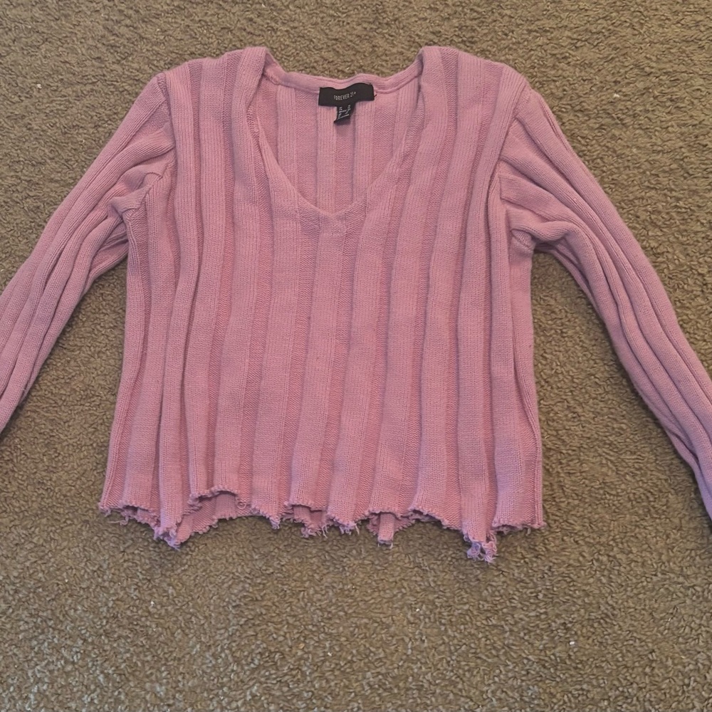 Forever 21 Pink Ribbed V-Neck Sweater